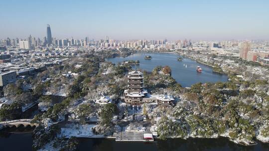 山东 济南 大明湖 冬天 雪景 航拍