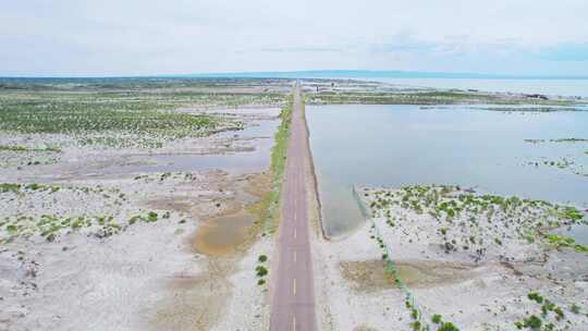 新疆北疆阿勒泰乌伦古湖湿地沼泽公路航拍