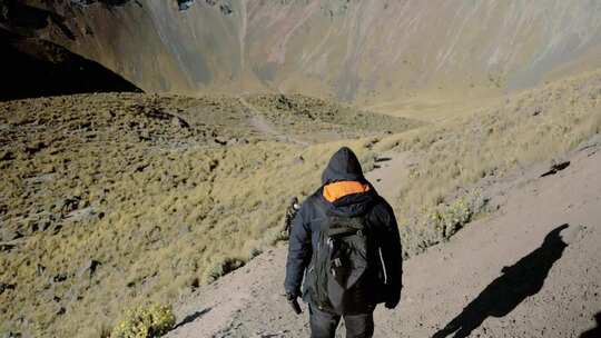 在山景中徒步旅行的人的后视图