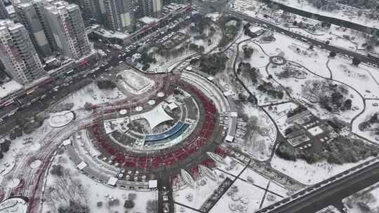 大雪中的街道航拍-亳州涡阳-法治广场