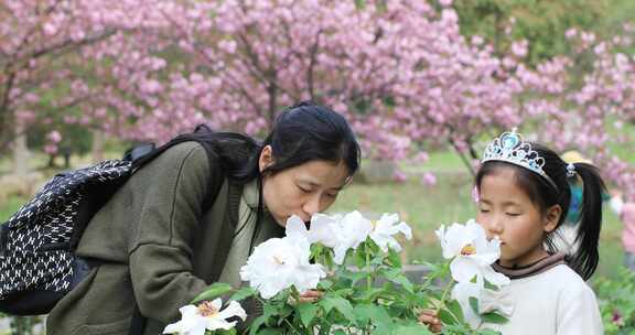 春天母女在公园牡丹园赏花闻花踏春