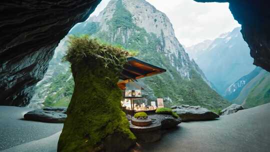 山间岩石处的特色建筑风景