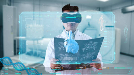 戴VR智能眼镜体验智慧医疗并分析数据视频素材模板下载