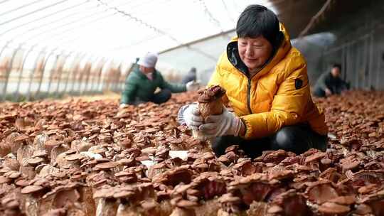 大棚种植灵芝丰收农民采摘 农民笑脸