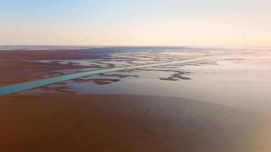 航拍山东黄河入海口湿地生态