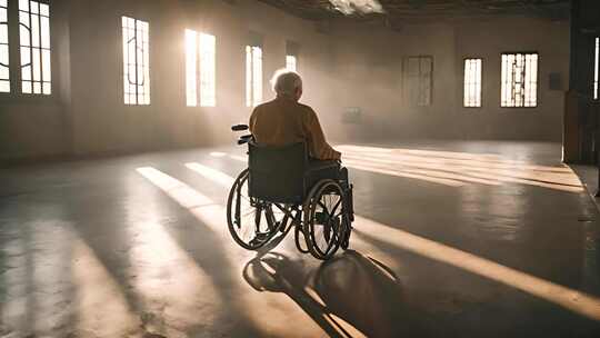 孤独的老人坐着轮椅背影视频素材模板下载