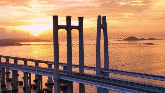 泉州湾跨海大桥日出航拍4k优质