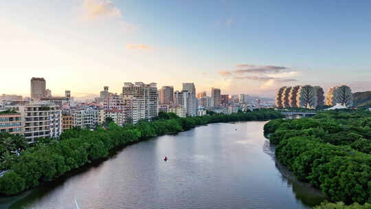 航拍海南三亚市临春河白鹭公园