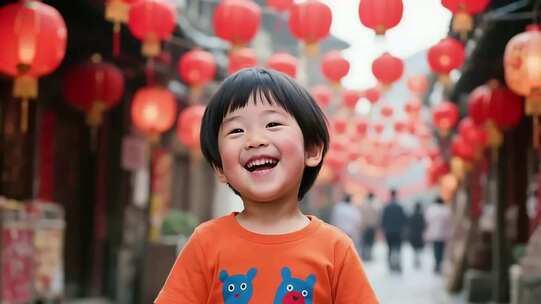 小孩于灯笼街道开心留影