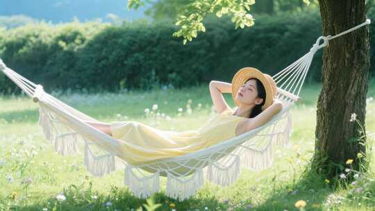 女人吊床花园看书休息悠闲度假生活方式