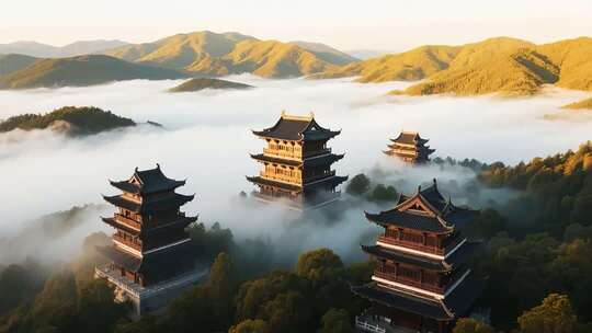 山间古建筑云雾环绕景观