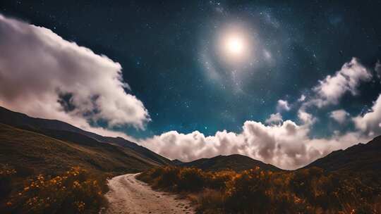 山间星空下的蜿蜒小路