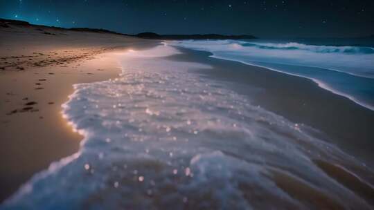 夜晚沙滩海浪星空景象