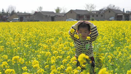 中国女性和小朋友在油菜花田地中玩耍