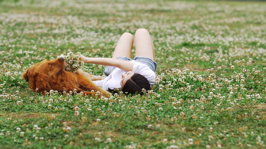 美女躺在草地上和宠物犬金毛狗玩耍