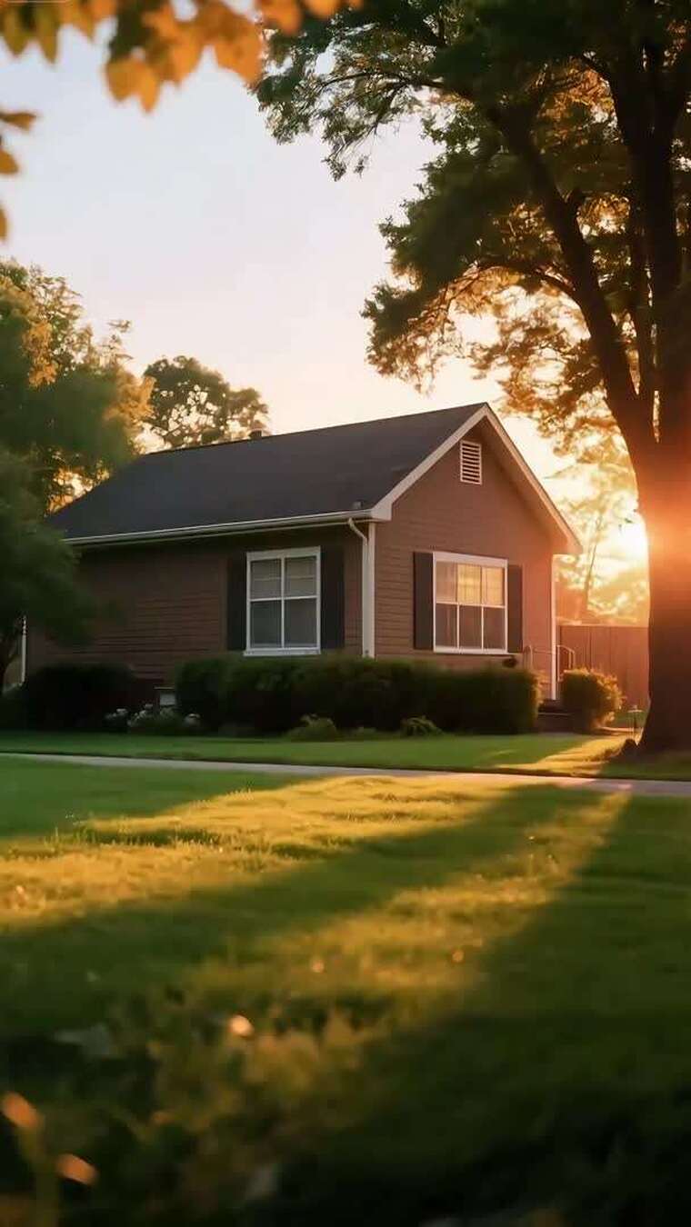 夕阳下的独栋房屋与绿植景观