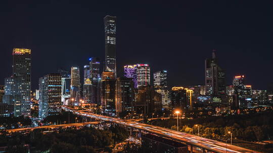 北京CBD中心区夜景城市灯光延时素材