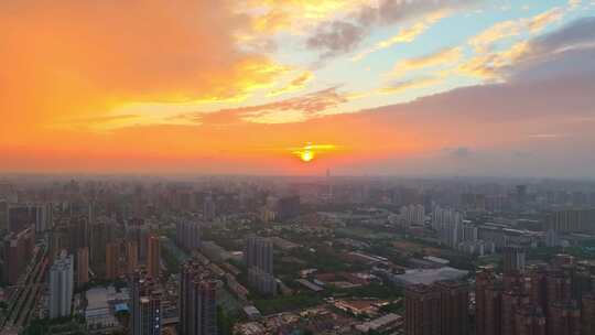 航拍 城市 夕阳 晚霞 朝霞 朝晖 夕阴 变焦