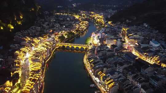 贵州航拍镇远古镇日落小城夜景场景