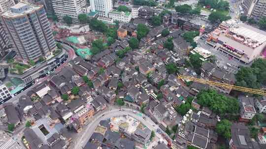 航拍重庆十八梯古建筑与城市高楼大厦