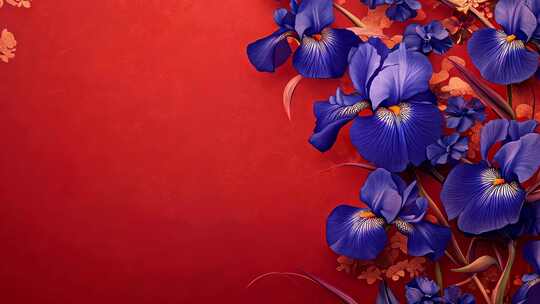 红色背景蓝色鸢尾花画面