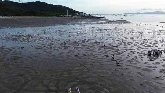 夕阳滩涂海滩航拍