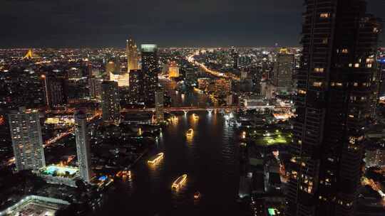 航拍泰国曼谷湄南河城市天际线夜景风光