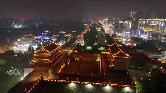 陕西西安城墙夜景西安永宁门夜景航拍