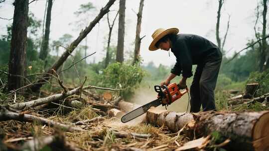 伐木工人操作机械切割木材过程