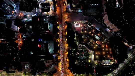 中国山东青岛城市夜景灯光秀航拍鸟瞰