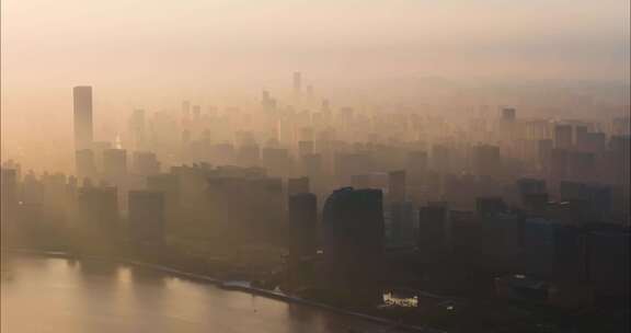 杭州钱塘江两岸上城区清晨风光