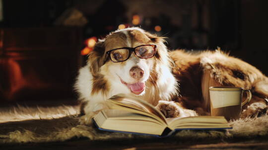戴眼镜把爪子放在书上的狗狗