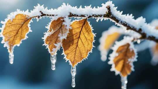 覆雪枯叶挂冰柱自然景象
