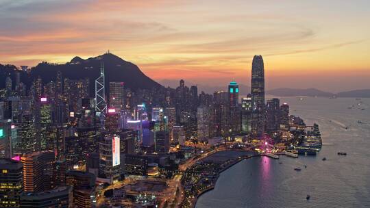 香港城市航拍港岛黄昏大景