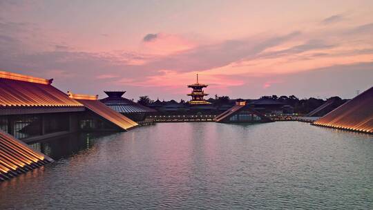 日落时分航拍广富林文化遗址建筑风光