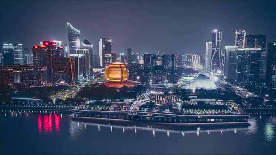 杭州钱江新城奥体中心夜景航拍延时摄影
