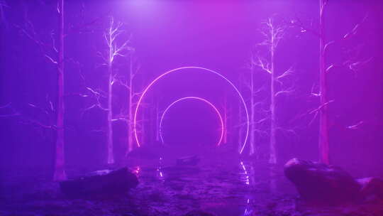 霓虹灯发光框架和模糊森林背景循环视频素材模板下载