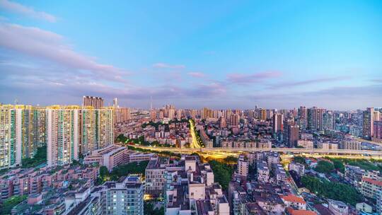 广州城市道路高楼建筑与云雾夜景灯光延时