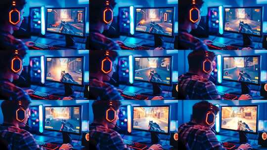 玩家专注玩电脑射击游戏高清在线视频素材下载