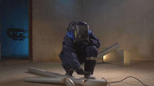 防护面罩中的铁匠焊工使用焊接机与金属钢和