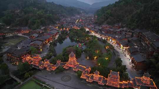 贵州黔东南肇兴侗寨古村落航拍夜景建筑风光