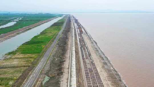 台州湾新区，海边堤坝，航拍素材