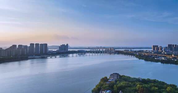 九江美景白水湖与长江大桥黄昏航拍延时