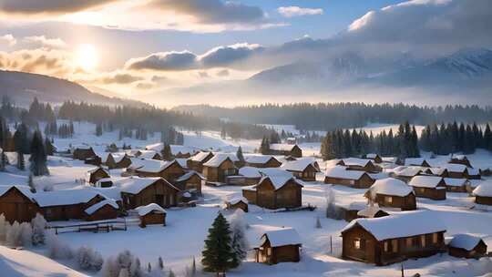 冬日雪覆盖的村庄与山林景观新疆禾木村