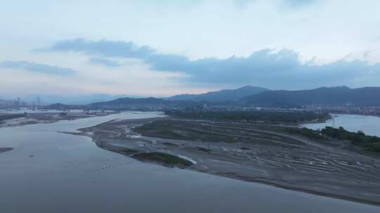 航拍闽江河口湿地小岛果园茉莉花田沙洲河汊