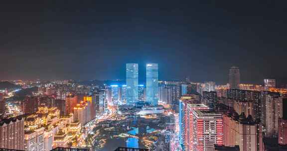 航拍贵阳城市地标双子塔夜景延时