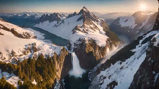 雪山瀑布自然风光全景