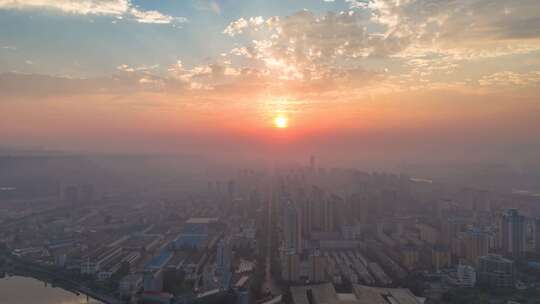 陕西宝鸡清晨日出航拍延时