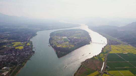 杭州富阳桐洲岛春天风景航拍