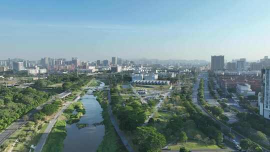 深圳光明区左岸科技公园航拍茅洲河碧道风景